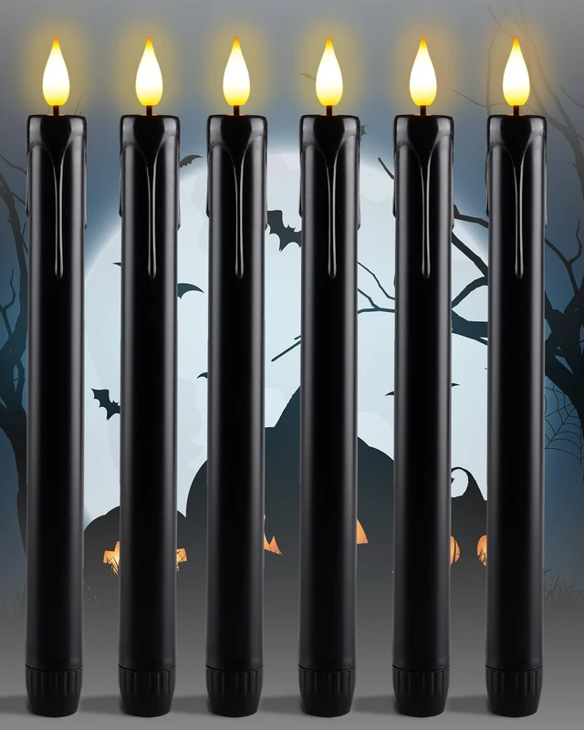 Main image of Black Flameless Taper Candles Flickering, NO Remote, 9.6 Inches Battery Operated, 6 Pcs Realistic Electric LED Candlesticks Made of Plastic for Halloween Party Home Decor