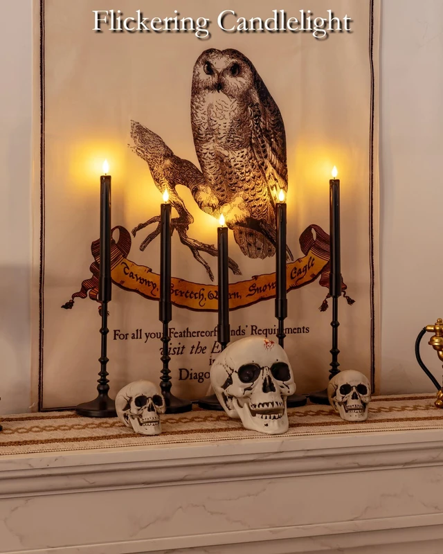 Alt view image 3 of 7 - Black Flameless Taper Candles Flickering, NO Remote, 9.6 Inches Battery Operated, 6 Pcs Realistic Electric LED Candlesticks Made of Plastic for Halloween Party Home Decor
