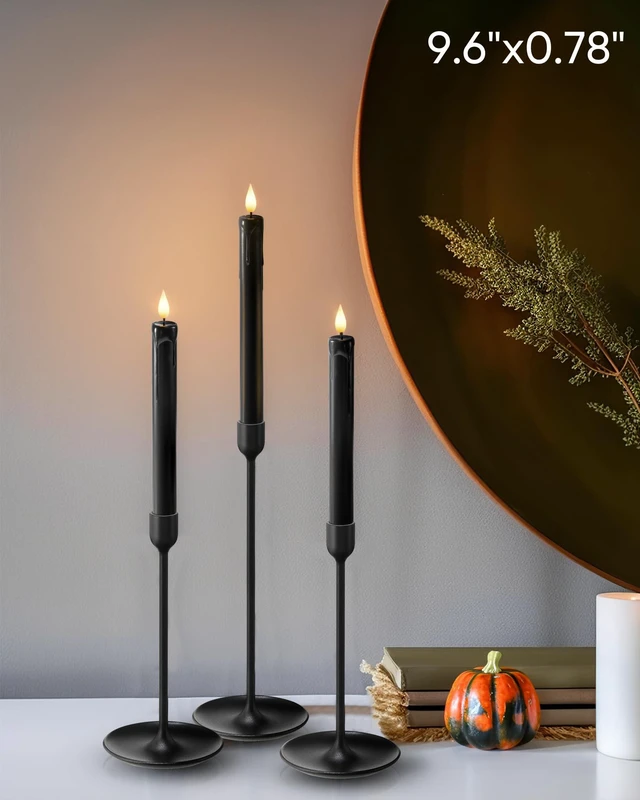 Alt view image 7 of 7 - Black Flameless Taper Candles Flickering, NO Remote, 9.6 Inches Battery Operated, 6 Pcs Realistic Electric LED Candlesticks Made of Plastic for Halloween Party Home Decor