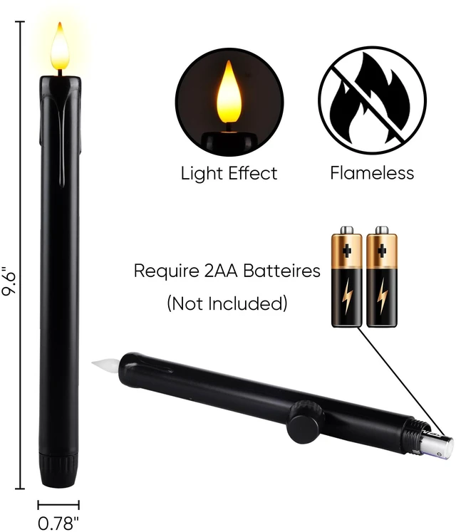 Alt view image 6 of 7 - Black Flameless Taper Candles Flickering, NO Remote, 9.6 Inches Battery Operated, 6 Pcs Realistic Electric LED Candlesticks Made of Plastic for Halloween Party Home Decor