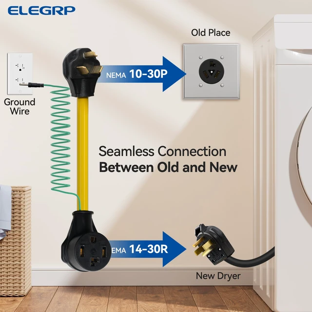 Alt view image 2 of 7 - 4 Prong to 3 Prong Dryer Adapter, NEMA 10-30P to 14-30R Dryer Plug Adapter, 30 Amp 250V Heavy Duty Dryer Cord Adapter for Old House to New Dryer, Includes Green Grounding Wire 10 AWG 1FT