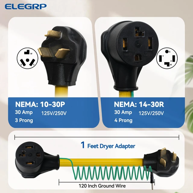 Alt view image 5 of 7 - 4 Prong to 3 Prong Dryer Adapter, NEMA 10-30P to 14-30R Dryer Plug Adapter, 30 Amp 250V Heavy Duty Dryer Cord Adapter for Old House to New Dryer, Includes Green Grounding Wire 10 AWG 1FT