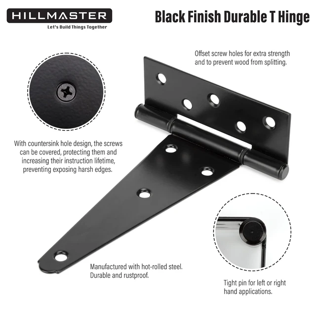 Alt view image 2 of 7 - 10 Inch T-Strap Heavy Duty Shed Door Hinges Gate Strap Hinges Black Tee Hinge Wrought Hardware for Wooden Fences,Yard,Barn Door,Rustproof (6 Pack)