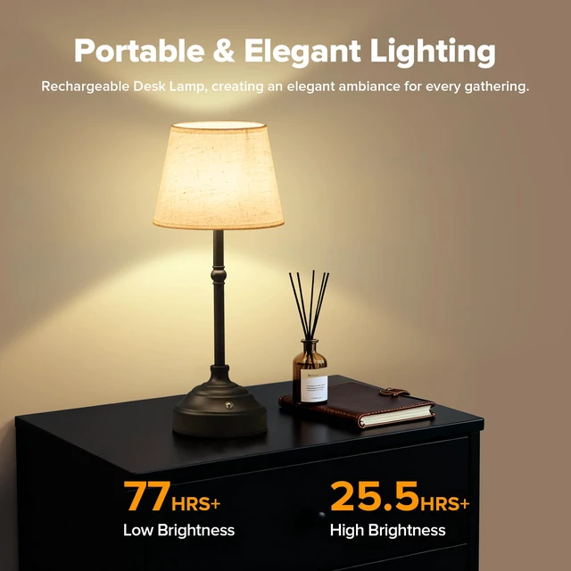 Alt view image 2 of 7 - Cordless Table Lamp, Rechargeable Desk Lamp with Fabric Shade, Battery Operated Lamp 3 Color Stepless Dimming, Portable Small Touch Bedside Lamp Home Decor for Dining, Counter (Matte Black)