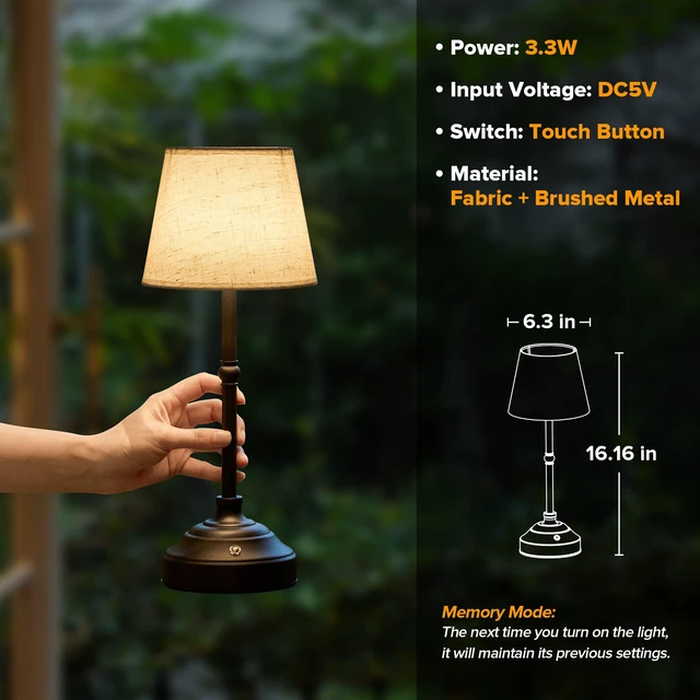 Alt view image 5 of 7 - Cordless Table Lamp, Rechargeable Desk Lamp with Fabric Shade, Battery Operated Lamp 3 Color Stepless Dimming, Portable Small Touch Bedside Lamp Home Decor for Dining, Counter (Matte Black)