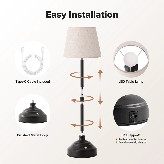 Alt view image 7 of 7 - Cordless Table Lamp, Rechargeable Desk Lamp with Fabric Shade, Battery Operated Lamp 3 Color Stepless Dimming, Portable Small Touch Bedside Lamp Home Decor for Dining, Counter (Matte Black)