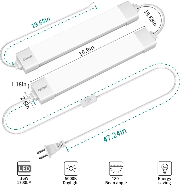 Alt view image 2 of 6 - LED Tube Light with Plug, Cabinet Ceiling Light,17in 16W 1700LM. Plug in Light Fixture,Under Cabinet Light,Workbench Lamp for Garage, Kitchen, Bathroom, Closet & Office