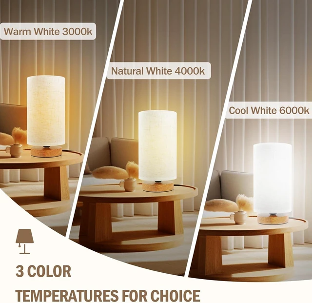 Alt view image 2 of 7 - 3-Color Adjustable Bedside Table Lamp for Bedroom,Minimalist Wood Base&Round Fabric Shade,Cozy Lighting Nightstand Boho Lamp,Study Reading Desk Night Stand Light for Living Room,Office,kitchen,Nursery