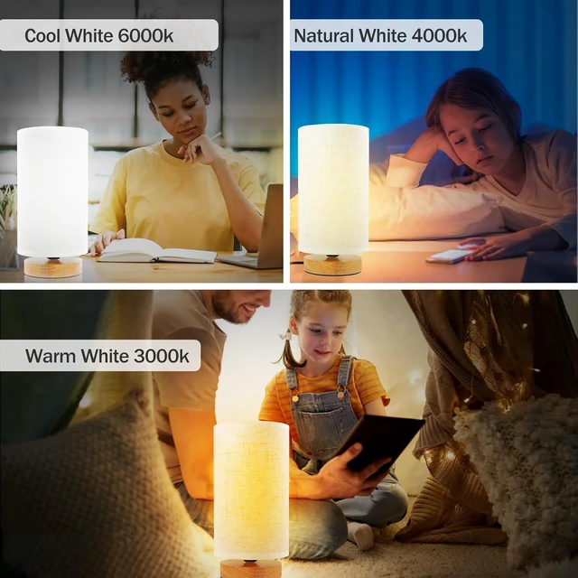 Alt view image 4 of 7 - 3-Color Adjustable Bedside Table Lamp for Bedroom,Minimalist Wood Base&Round Fabric Shade,Cozy Lighting Nightstand Boho Lamp,Study Reading Desk Night Stand Light for Living Room,Office,kitchen,Nursery