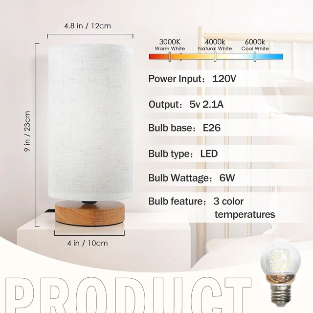 Alt view image 5 of 7 - 3-Color Adjustable Bedside Table Lamp for Bedroom,Minimalist Wood Base&Round Fabric Shade,Cozy Lighting Nightstand Boho Lamp,Study Reading Desk Night Stand Light for Living Room,Office,kitchen,Nursery
