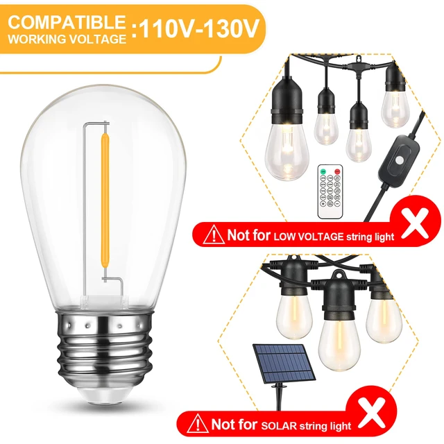 Alt view image 3 of 7 - 36 Pack Shatterproof Outdoor String S14 Replacement Bulb, 1W,2700K Waterproof, LED Energy Efficient, Dimmable, E26 Base, Equal to 11W Incandescent Bulb, Warm White, Not Solar String Compatible