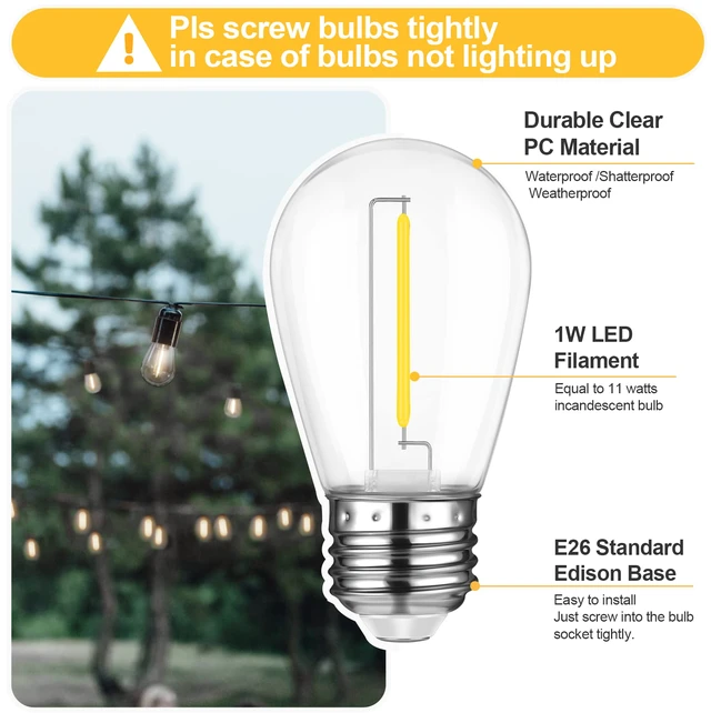 Alt view image 3 of 7 - 24 Pack Shatterproof Outdoor String S14 Replacement Bulb, 1W,4000K Waterproof, LED Energy Efficient, Dimmable, E26 Base, Equal to 11W Incandescent, Neutral White, Not Solar String Compatible