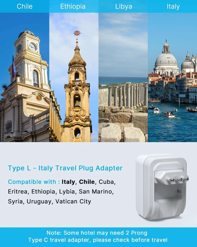 Alt view image 3 of 6 - Foldable Italy Travel Plug Adapter, 2 Pack Type L Adapter with USB-C 2 Outlets, 3 USB Ports, 3 Prong Grounded Plug, Power Adapter for US to Italy Rome Chile Uruguay Libya