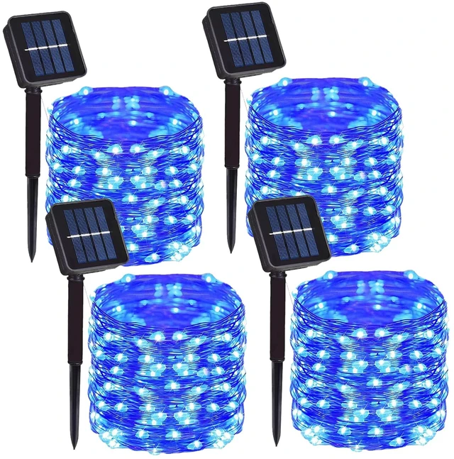 Main image of 4 Pack Solar Fairy String Lights, 400 LED Blue Christmas Copper Wire Lights IP65 Waterproof, Auto Dusk-to-Dawn, 8 Lighting Modes, Flexible Styling, Garden Patio Outdoor Use, Halloween Holiday Decor
