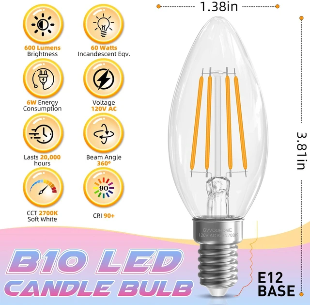 Alt view image 2 of 7 - Candelabra Light Bulbs, 60W Equivalent, E12 LED Bulb, 2700K Soft White LED Chandelier Bulb, 6 Pack B10 Candle Bulbs, 90+CRI, 600LM, Clear Glass, Non-Dimmable