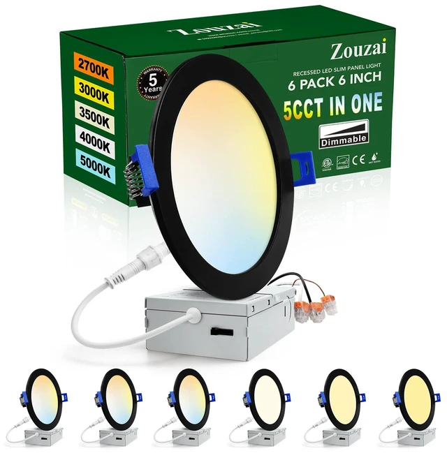 Main image of 6 Pack 6 Inch Black LED Recessed Ceiling Light, 5CCT, Dimmable 2700K-5000K Selectable, 1080LM, 12W Eqv 110W 120V, with Junction Box, Damp & IC Rated, ETL & Energy Star Certified