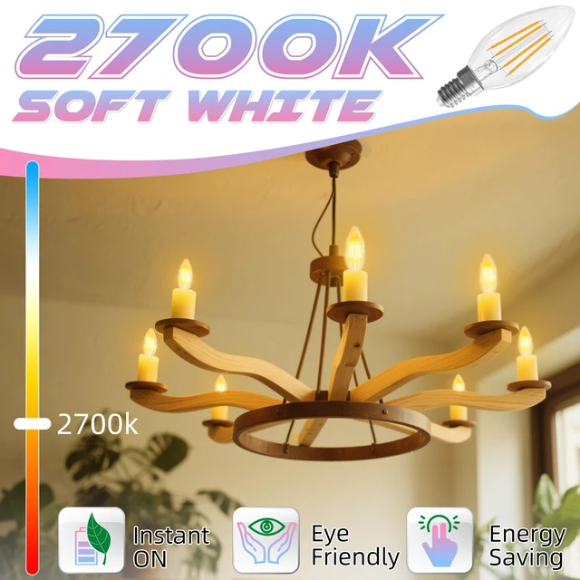 Alt view image 3 of 7 - Candelabra Light Bulbs, 60W Equivalent, E12 LED Bulb, 2700K Soft White LED Chandelier Bulb, 6 Pack B10 Candle Bulbs, 90+CRI, 600LM, Clear Glass, Non-Dimmable