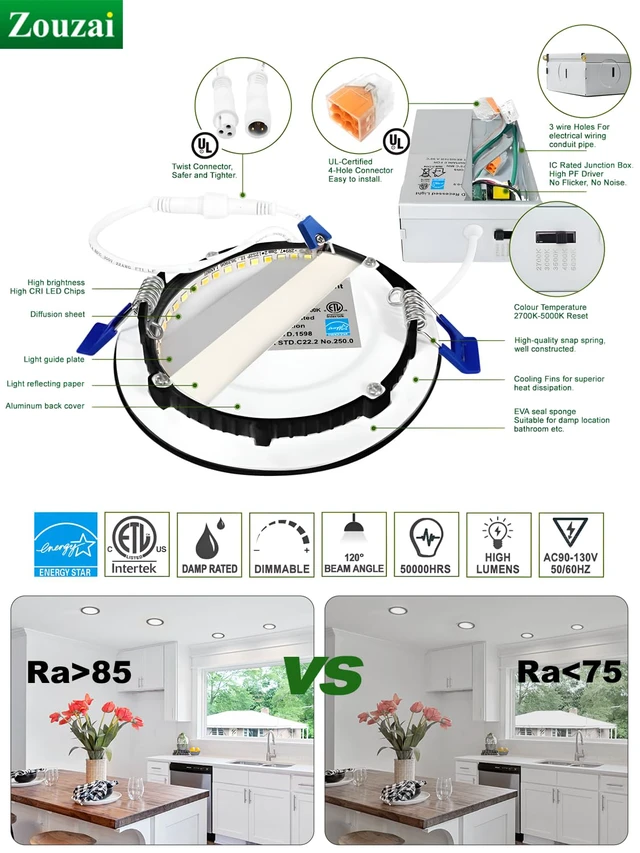 Alt view image 7 of 7 - 6 Pack 6 Inch Black LED Recessed Ceiling Light, 5CCT, Dimmable 2700K-5000K Selectable, 1080LM, 12W Eqv 110W 120V, with Junction Box, Damp & IC Rated, ETL & Energy Star Certified