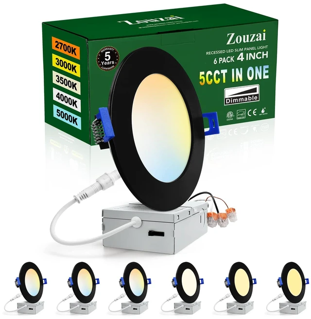 Main image of 6 Pack 4 Inch Black LED Recessed Ceiling Light, 5CCT, Dimmable 2700K-5000K Selectable, 810LM, 9W Eqv 60W 120V, Can Light with J-Box, Damp Location, IC Rated, ETL & Energy Star Certified