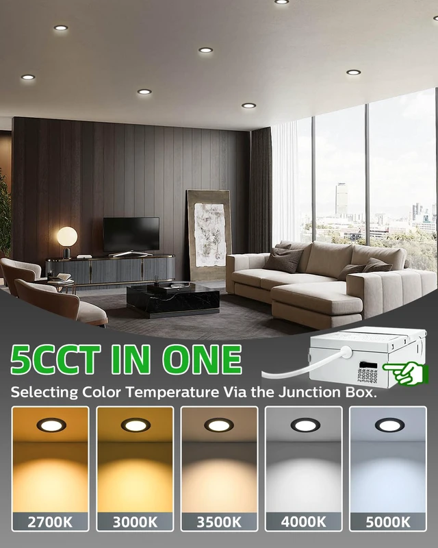 Alt view image 2 of 7 - 6 Pack 4 Inch Black LED Recessed Ceiling Light, 5CCT, Dimmable 2700K-5000K Selectable, 810LM, 9W Eqv 60W 120V, Can Light with J-Box, Damp Location, IC Rated, ETL & Energy Star Certified