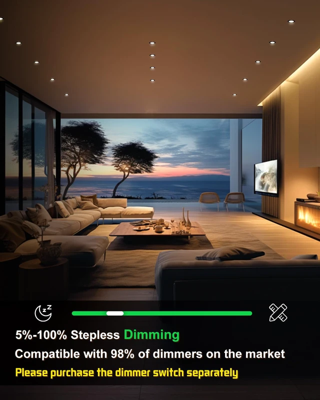 Alt view image 3 of 7 - 6 Pack 4 Inch Black LED Recessed Ceiling Light, 5CCT, Dimmable 2700K-5000K Selectable, 810LM, 9W Eqv 60W 120V, Can Light with J-Box, Damp Location, IC Rated, ETL & Energy Star Certified