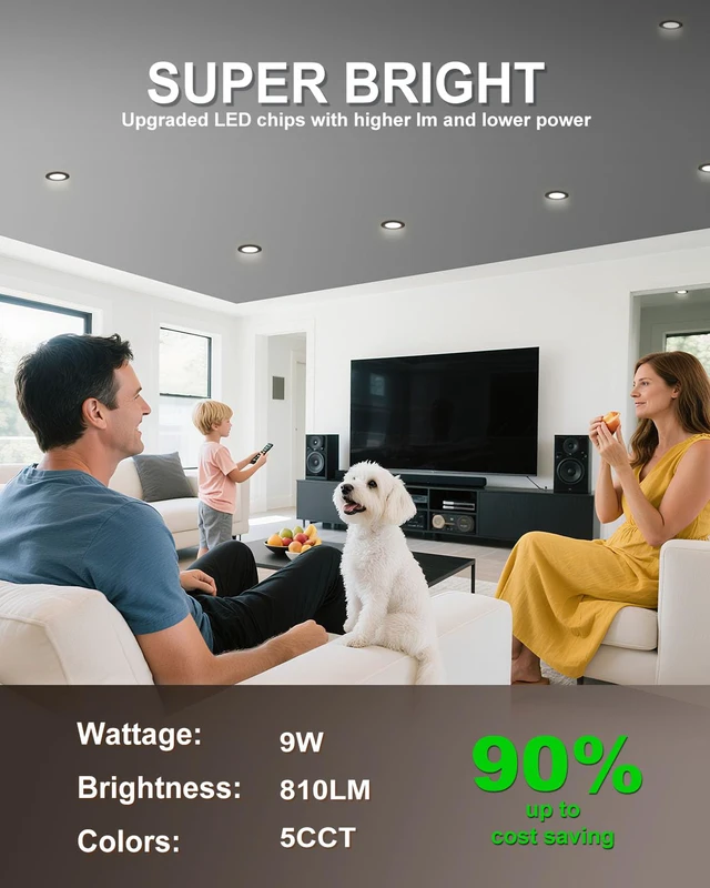 Alt view image 4 of 7 - 6 Pack 4 Inch Black LED Recessed Ceiling Light, 5CCT, Dimmable 2700K-5000K Selectable, 810LM, 9W Eqv 60W 120V, Can Light with J-Box, Damp Location, IC Rated, ETL & Energy Star Certified