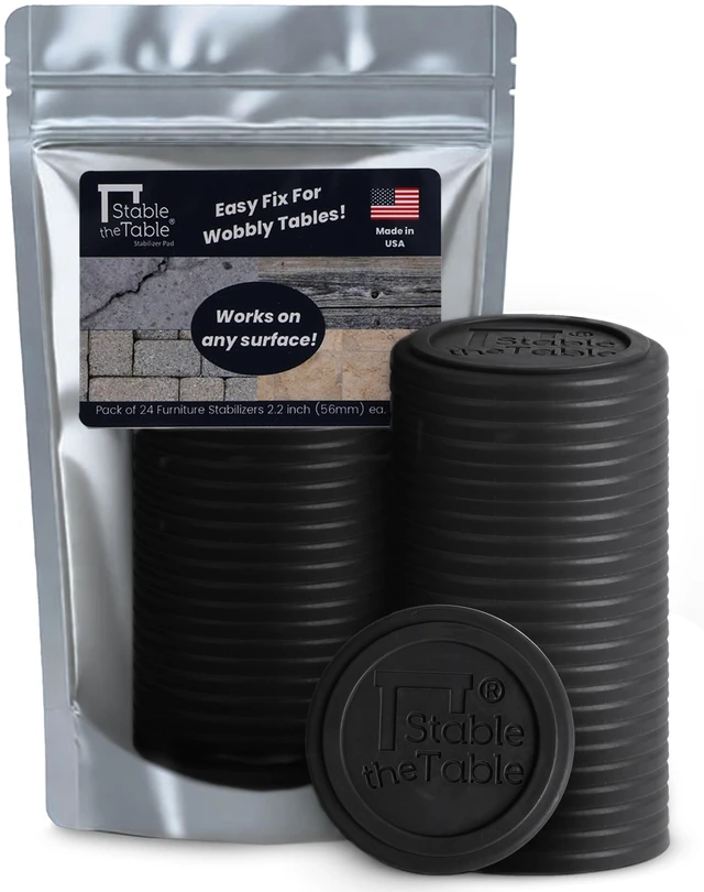 Main image of Furniture Leveler, Non-Slip Stabilizer & Floor Protector 24 Pack Charcoal Round, stackable rubber pads, simple 3-in-1 fix, levels wobbly furniture, stops sliding, protects floors