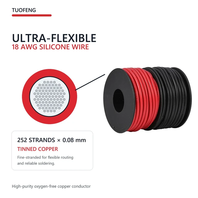 Alt view image 2 of 7 - 18 AWG Silicone Wire, 100 ft Red and Black Flexible Stranded Tinned Copper Hookup Wire, 600V High Temperature, For Automotive, RC, Battery, LED and DIY Projects