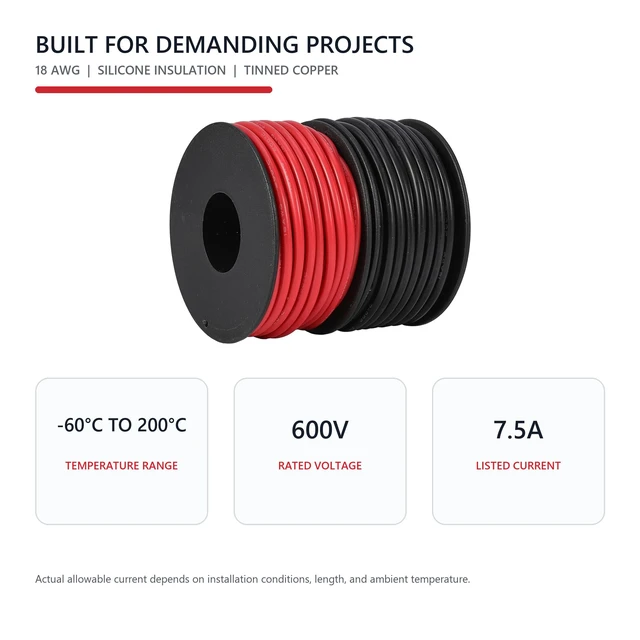 Alt view image 3 of 7 - 18 AWG Silicone Wire, 100 ft Red and Black Flexible Stranded Tinned Copper Hookup Wire, 600V High Temperature, For Automotive, RC, Battery, LED and DIY Projects
