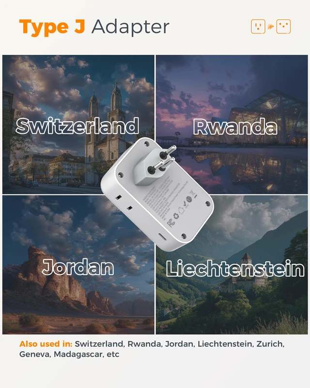 Alt view image 2 of 7 - Switzerland Travel Plug Adapter, PD 28W, 2 Packs Swiss Adapters with 4 Outlets 5 USB Ports (3 USB-C), Type J Outlet Power Adaptor