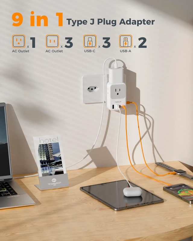 Alt view image 3 of 7 - Switzerland Travel Plug Adapter, PD 28W, 2 Packs Swiss Adapters with 4 Outlets 5 USB Ports (3 USB-C), Type J Outlet Power Adaptor