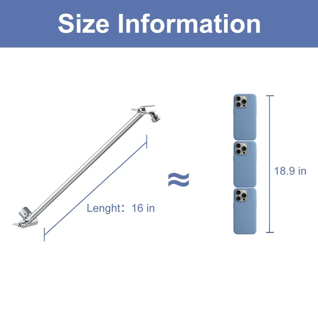 Alt view image 7 of 7 - Shower Head Extension Arm, 16 in Shower Extension Arm with Locking Nut, Adjustable Shower Arm Extender, G1/2 Connector for Fixed Shower Head & Handheld Showerhead, Chrome