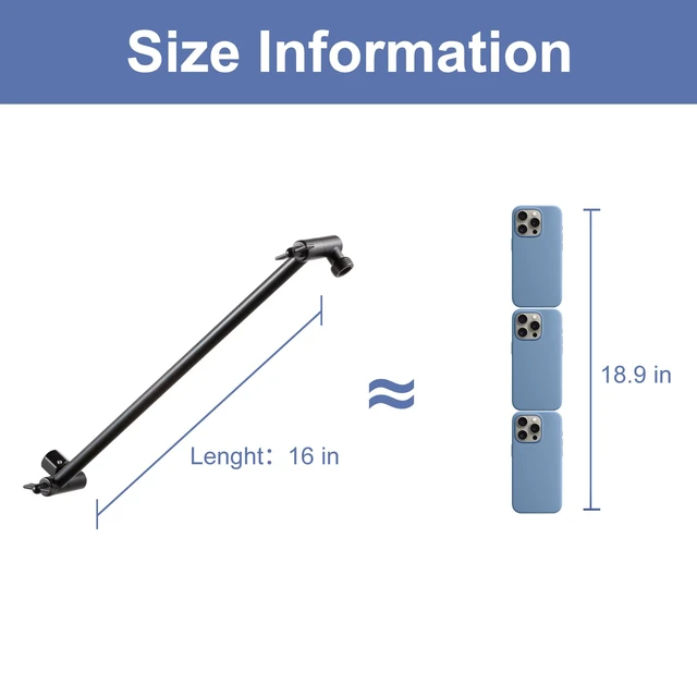 Alt view image 6 of 7 - Shower Head Extension Arm, 16 in Shower Extension Arm with Locking Nut, Adjustable Height and Angle Shower Arm Extender, Universal G1/2 Connector for Fixed and Handheld ShowerHead, Matte Black