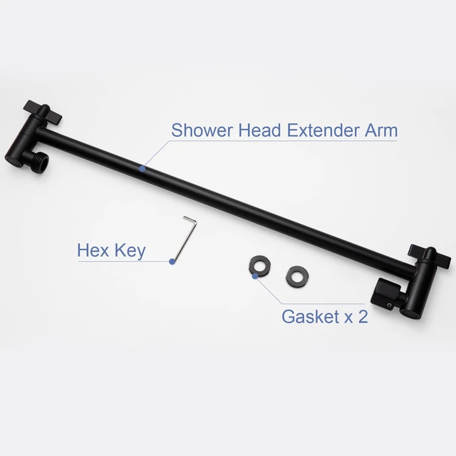 Alt view image 7 of 7 - Shower Head Extension Arm, 16 in Shower Extension Arm with Locking Nut, Adjustable Height and Angle Shower Arm Extender, Universal G1/2 Connector for Fixed and Handheld ShowerHead, Matte Black