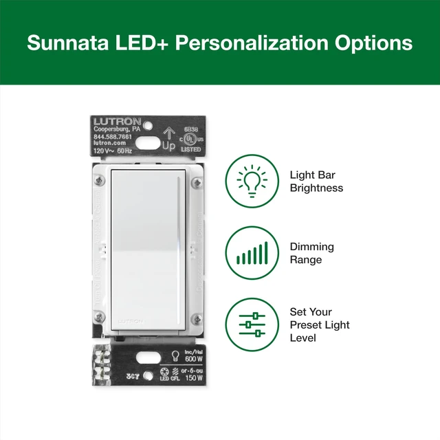 Alt view image 7 of 7 - Sunnata LED+ Dimmer & Wallplate, Touch Dimmer, Single Pole/3-way For Dimmable LEDs, flicker-free dimming, broad compatibility, easy install, no neutral required, STCL-153MW-WH, White