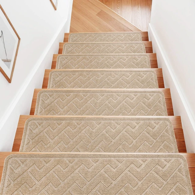 Main image of Stair Runner,15 Pack 8"×30" Carpet Stair Treads, Carpet for Stairs, Beige Soft Polyester Stair Treads and Stair Runner Reduce Stair Noise, TPE Non-Slip Carpet for Stairs Offers Reliable Traction