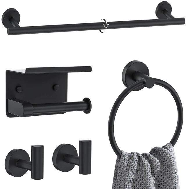 Main image of Matte Black Towel Bar Set 5 Pieces Bathroom Hardware Accessories Set Round Towel Holder Set for Bathroom Upgraded Toilet Paper Holder Stainless Steel Wall Mounted Towel Rack Set,23.6 Inch