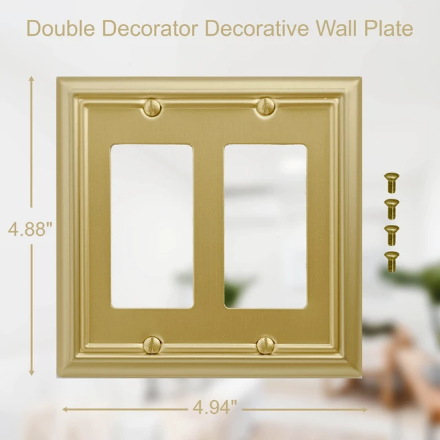 Alt view image 2 of 7 - Double Decorator Light Switch Cover Adler Metal Wall Plate, 2-Pack Brushed Brass 2 Gang Double Rocker, for Receptacle Dimmer Switch GFCI Outlet Decorative Wallplate, Durable