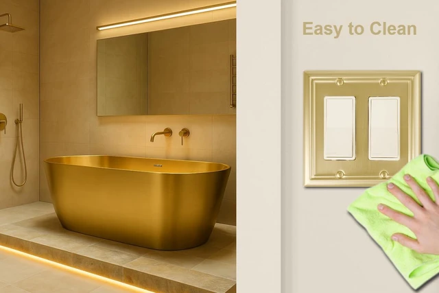 Alt view image 6 of 7 - Double Decorator Light Switch Cover Adler Metal Wall Plate, 2-Pack Brushed Brass 2 Gang Double Rocker, for Receptacle Dimmer Switch GFCI Outlet Decorative Wallplate, Durable