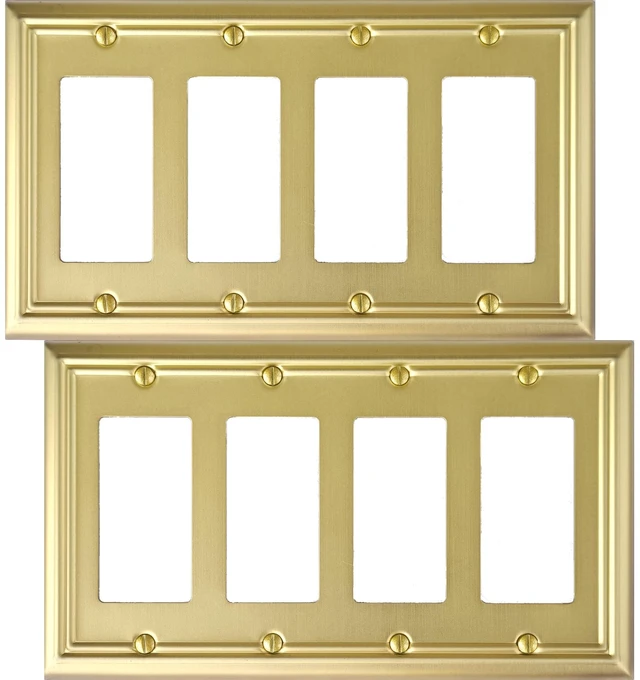Main image of Quadruple Decorator Light Switch Cover Adler Metal Wall Plate, 2-Pack Brushed Brass 4 Gang Quadruple Rocker, for Receptacle Dimmer Switch GFCI Outlet, Switch Cover Decorative Wallplate, Durable