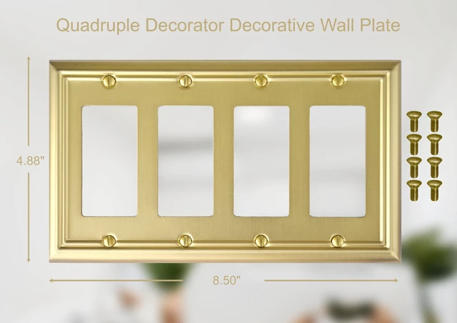 Alt view image 2 of 7 - Quadruple Decorator Light Switch Cover Adler Metal Wall Plate, 2-Pack Brushed Brass 4 Gang Quadruple Rocker, for Receptacle Dimmer Switch GFCI Outlet, Switch Cover Decorative Wallplate, Durable