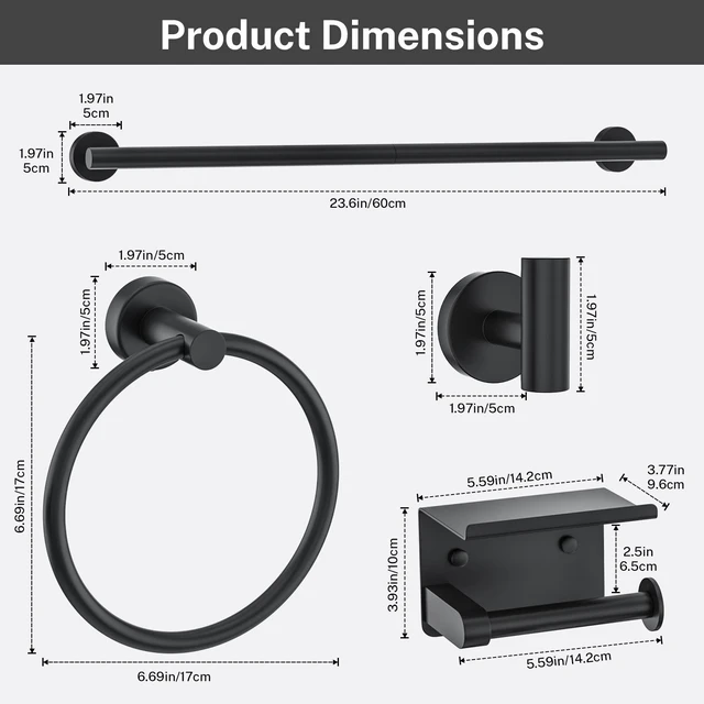 Alt view image 6 of 7 - Matte Black Towel Bar Set 5 Pieces Bathroom Hardware Accessories Set Round Towel Holder Set for Bathroom Upgraded Toilet Paper Holder Stainless Steel Wall Mounted Towel Rack Set,23.6 Inch