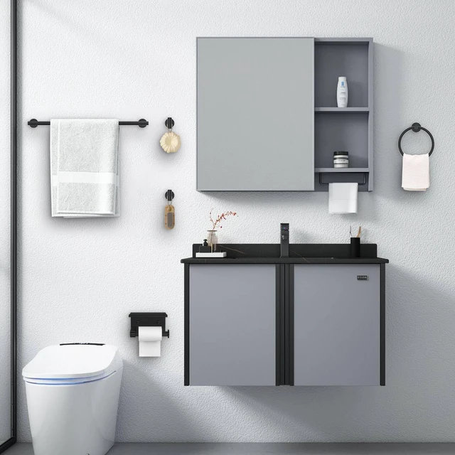 Alt view image 7 of 7 - Matte Black Towel Bar Set 5 Pieces Bathroom Hardware Accessories Set Round Towel Holder Set for Bathroom Upgraded Toilet Paper Holder Stainless Steel Wall Mounted Towel Rack Set,23.6 Inch