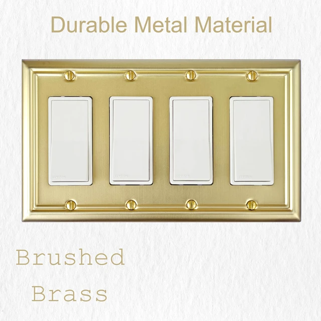 Alt view image 3 of 7 - Quadruple Decorator Light Switch Cover Adler Metal Wall Plate, 2-Pack Brushed Brass 4 Gang Quadruple Rocker, for Receptacle Dimmer Switch GFCI Outlet, Switch Cover Decorative Wallplate, Durable