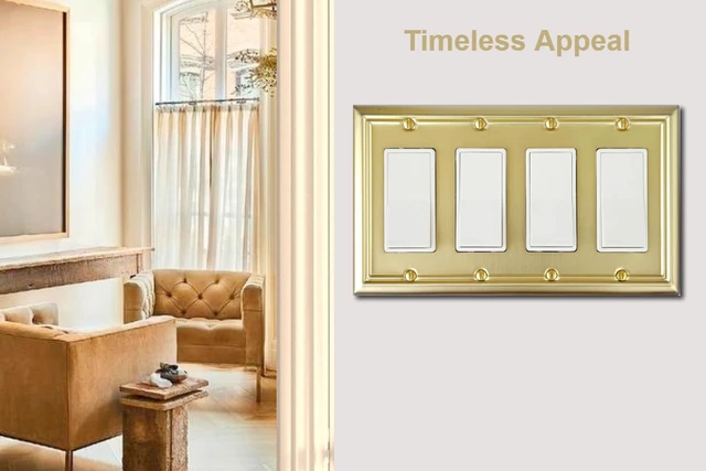 Alt view image 4 of 7 - Quadruple Decorator Light Switch Cover Adler Metal Wall Plate, 2-Pack Brushed Brass 4 Gang Quadruple Rocker, for Receptacle Dimmer Switch GFCI Outlet, Switch Cover Decorative Wallplate, Durable