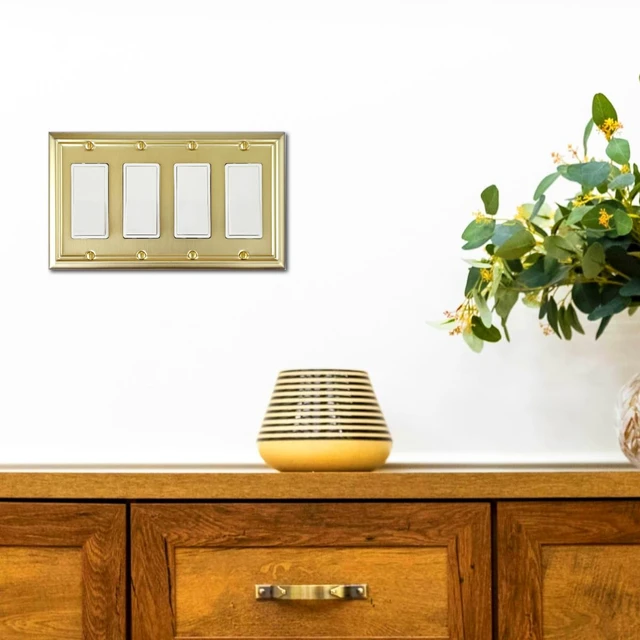 Alt view image 5 of 7 - Quadruple Decorator Light Switch Cover Adler Metal Wall Plate, 2-Pack Brushed Brass 4 Gang Quadruple Rocker, for Receptacle Dimmer Switch GFCI Outlet, Switch Cover Decorative Wallplate, Durable