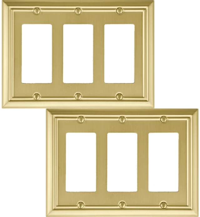 Main image of Triple Decorator Light Switch Cover Adler Metal Wall Plate, 2-Pack Brushed Brass 3 Gang Triple Rocker, for Receptacle Dimmer Switch GFCI Outlet Decorative Wallplate, Durable