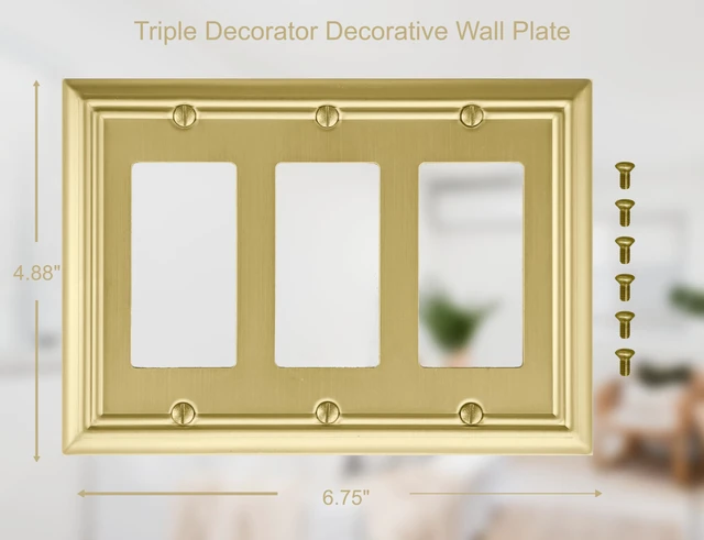 Alt view image 2 of 7 - Triple Decorator Light Switch Cover Adler Metal Wall Plate, 2-Pack Brushed Brass 3 Gang Triple Rocker, for Receptacle Dimmer Switch GFCI Outlet Decorative Wallplate, Durable