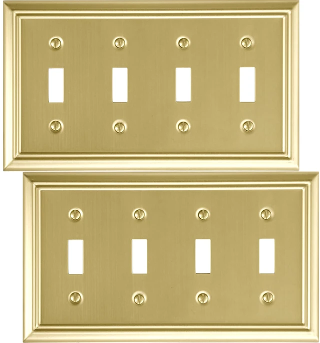 Main image of Quadruple Toggle Light Switch Cover Adler Metal Wall Plate, 2-Pack Brushed Brass 4 Gang, Light Switch Cover Decorative Wallplate, Durable