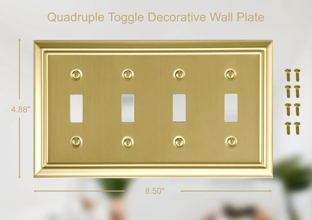 Alt view image 2 of 7 - Quadruple Toggle Light Switch Cover Adler Metal Wall Plate, 2-Pack Brushed Brass 4 Gang, Light Switch Cover Decorative Wallplate, Durable